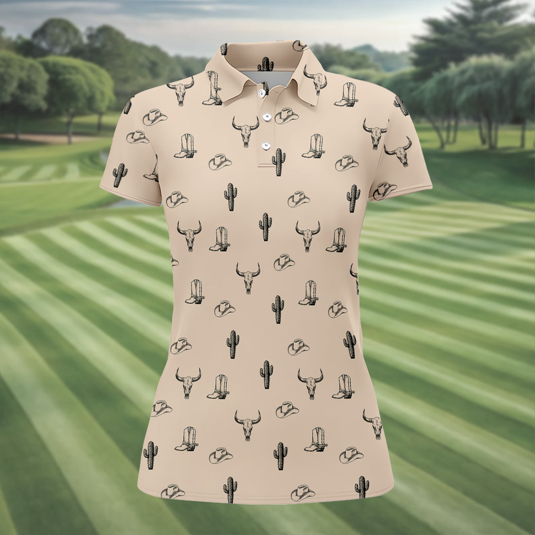 Wild West Cactus Light Brown Western Golf Shirts Women, Unique Gift For Golfer, Ladies Golf Shirts