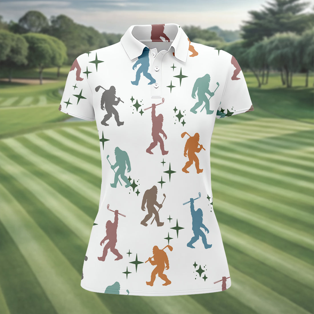 Colorful Bigfoot Silhouette Pattern Fun Women's Golf Shirts, Unique Gift For Golfer, Ladies Golf Polos