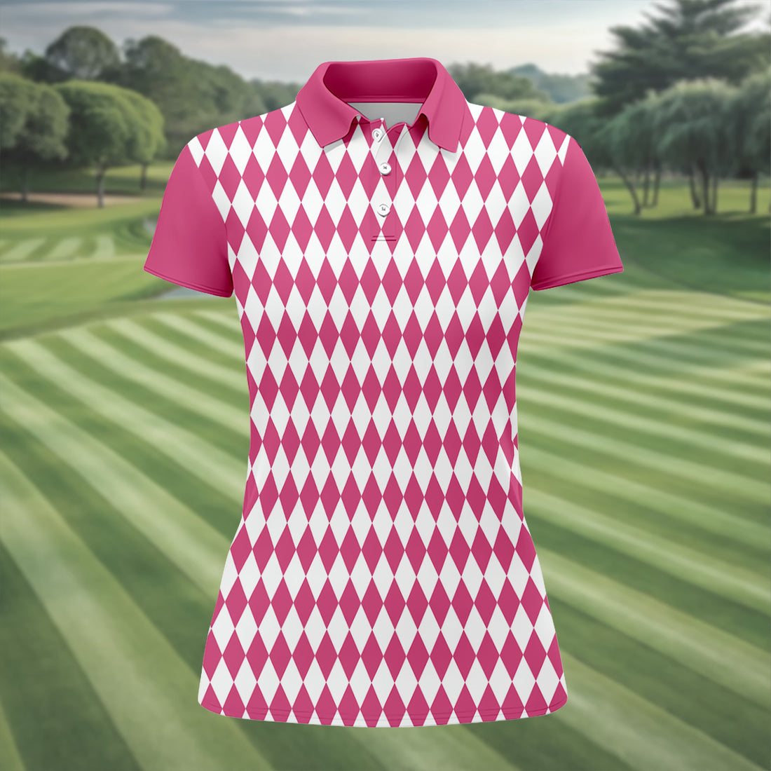 White And Pink Argyle Pattern Women's Golf Shirts, Ladies Sleeveless Polo, Ladies Golf Shirts