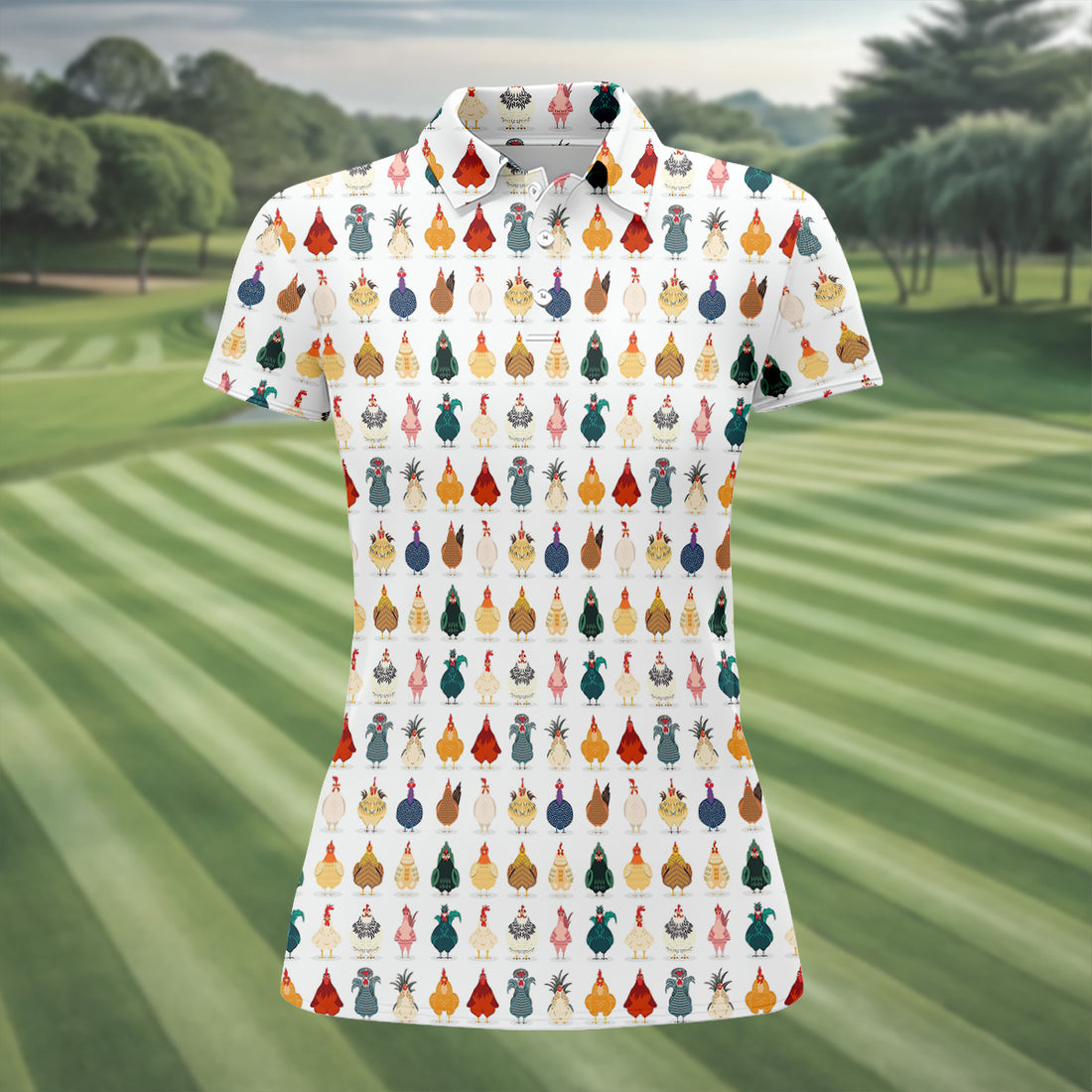 Whimsical Chicken Funny Golf Shirts Women, Cute Golf Outfit, White Polo Women, Ladies Golf Shirts