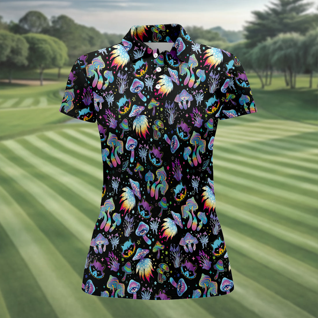 Funny Neon Cat Alien Mushroom Women Golf Shirt, Ladies Golf Polos, Cool Golf Gift