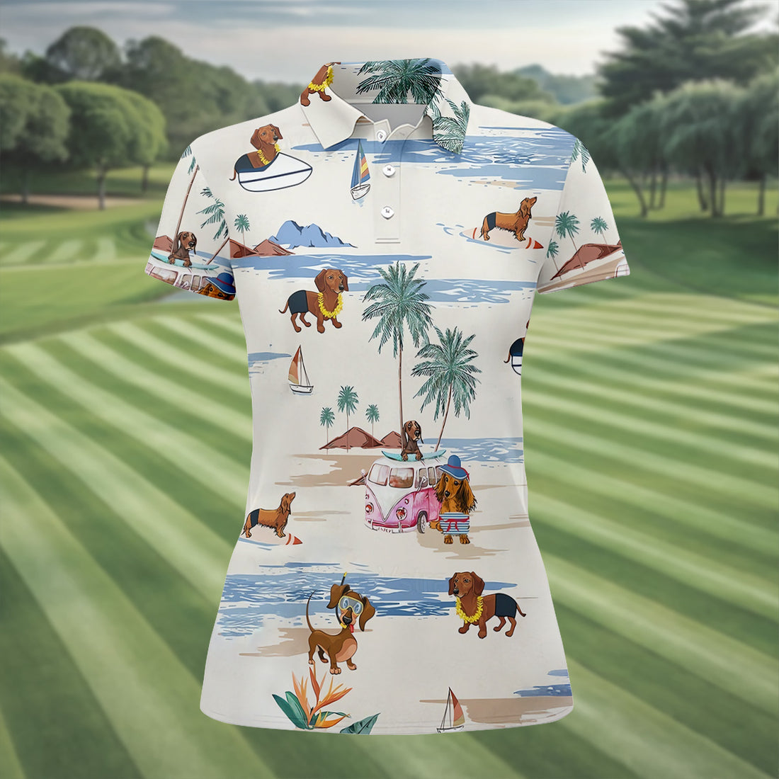 Cute Dachshund Tropical Golf Shirts, Fun Women's Golf Shirts, Ladies Golf Tops, Gifts For Dog Lovers