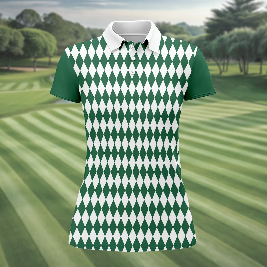 White And Green Argyle Pattern Women's Golf Shirts, Ladies Sleeveless Polo, Ladies Golf Shirts