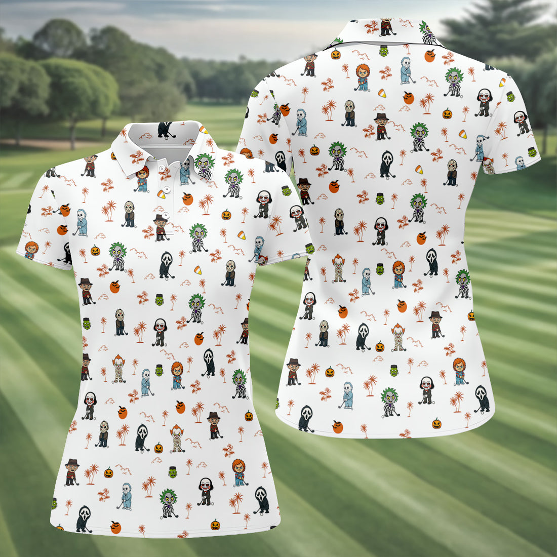Horror Halloween Character Women's Hawaiian Golf Shirts, Womens Golf Tops, Horror Movie Shirt