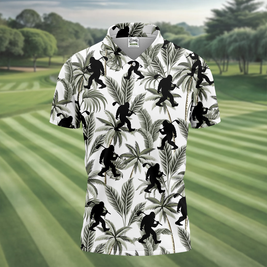 Funny Bigfoot Tropical Palm Leaves Golf Tops For Men, Custom Golf Polos, Golf Gift For Men
