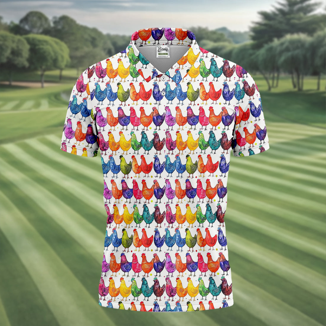 Whimsical Chicken Colorful Golf Shirt, Cute Golf Outfit, Polo Shirts For Men, Golfing Apparel
