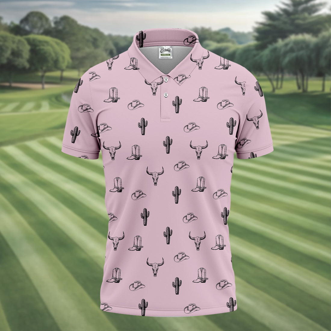 Wild West Cactus Pink Lavender Western Golf Shirt, Golf Tops For Men, Polo Shirts For Men, Golfing Apparel