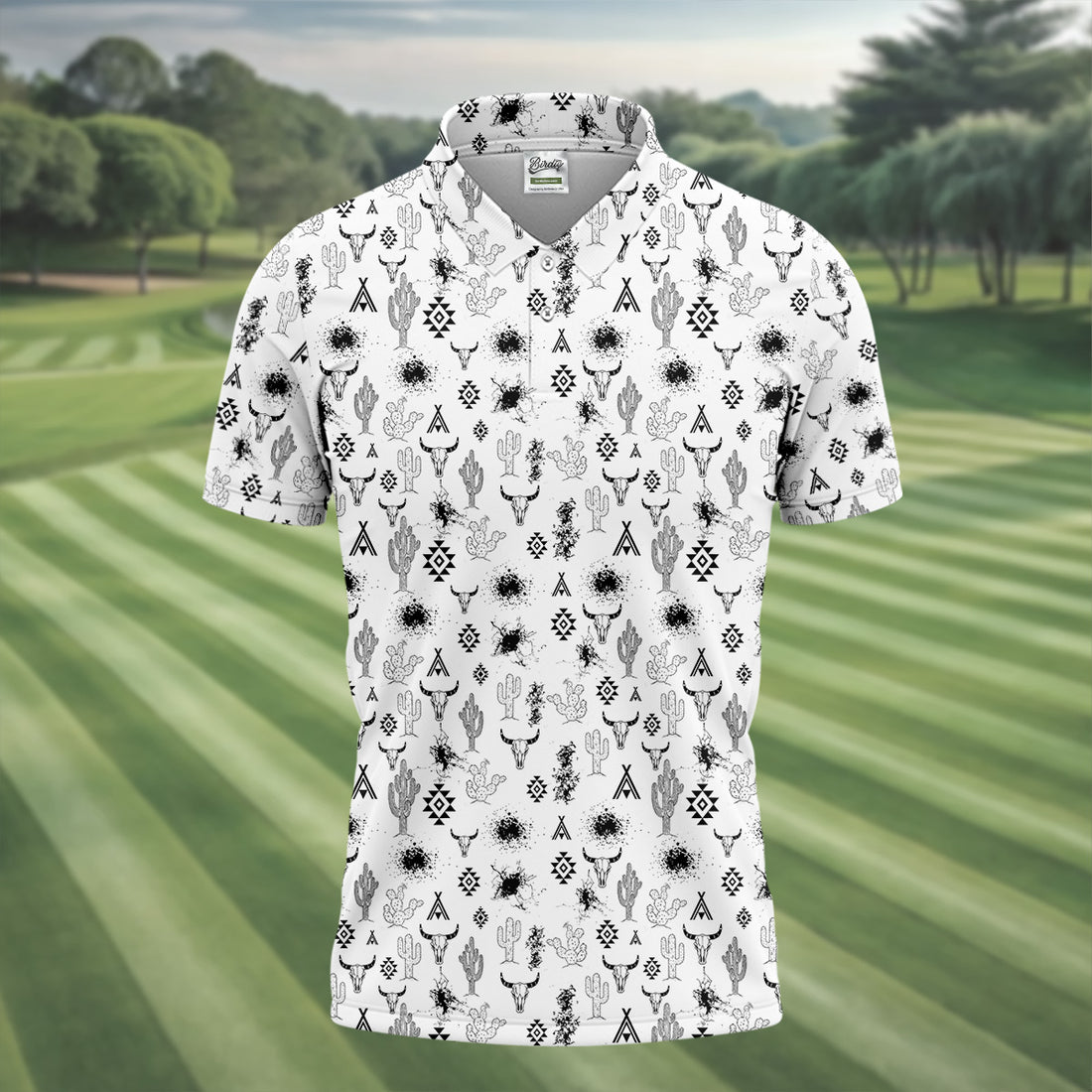 Aztec Bull Skull Western Golf Shirt, Men's Funny Golf Shirts, Men's White Polo, Golf Gift For Men
