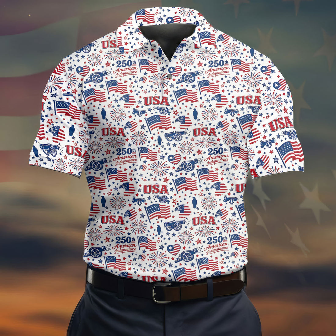 250th American Independence Red White Blue Golf Tops For Men, Patriotic 4th Of July Golf Shirts For Men