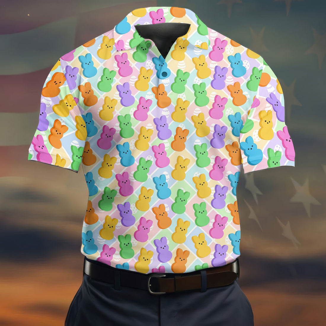 Pastel Easter Peeps Colorful Checkered Golf Shirts For Men, Cute Golf Outfit, Polo Shirts For Men