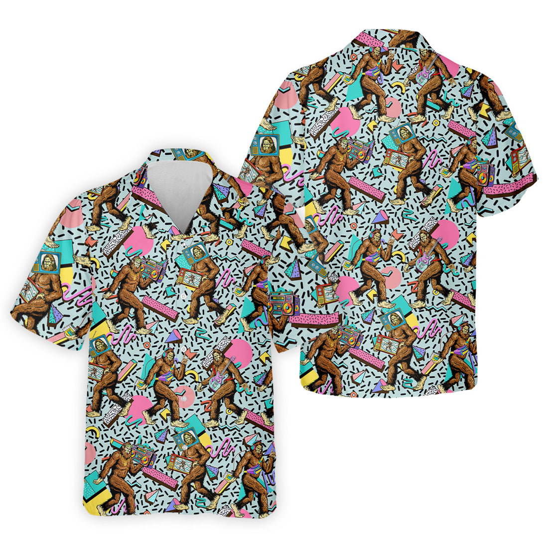 Bigfoot Pop Culture Pattern with Retro TV Sets Design Design Hawaiian Golf Polo, Golf Tops For Men, Golfing Apparel