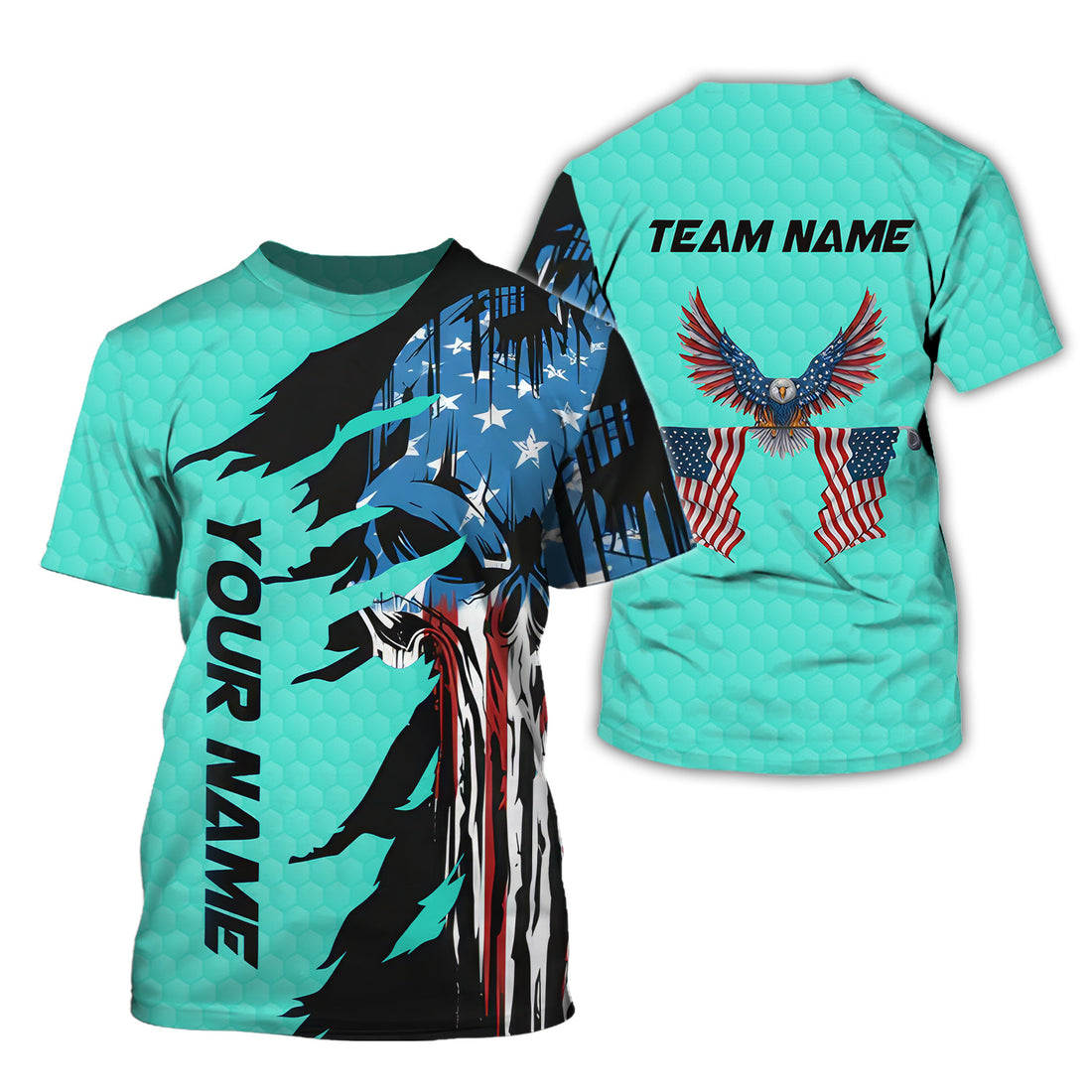 Skull US Flag Cyan Custom Men's Golf Polo Shirt, Golfing Apparel, Mens Golf Gift