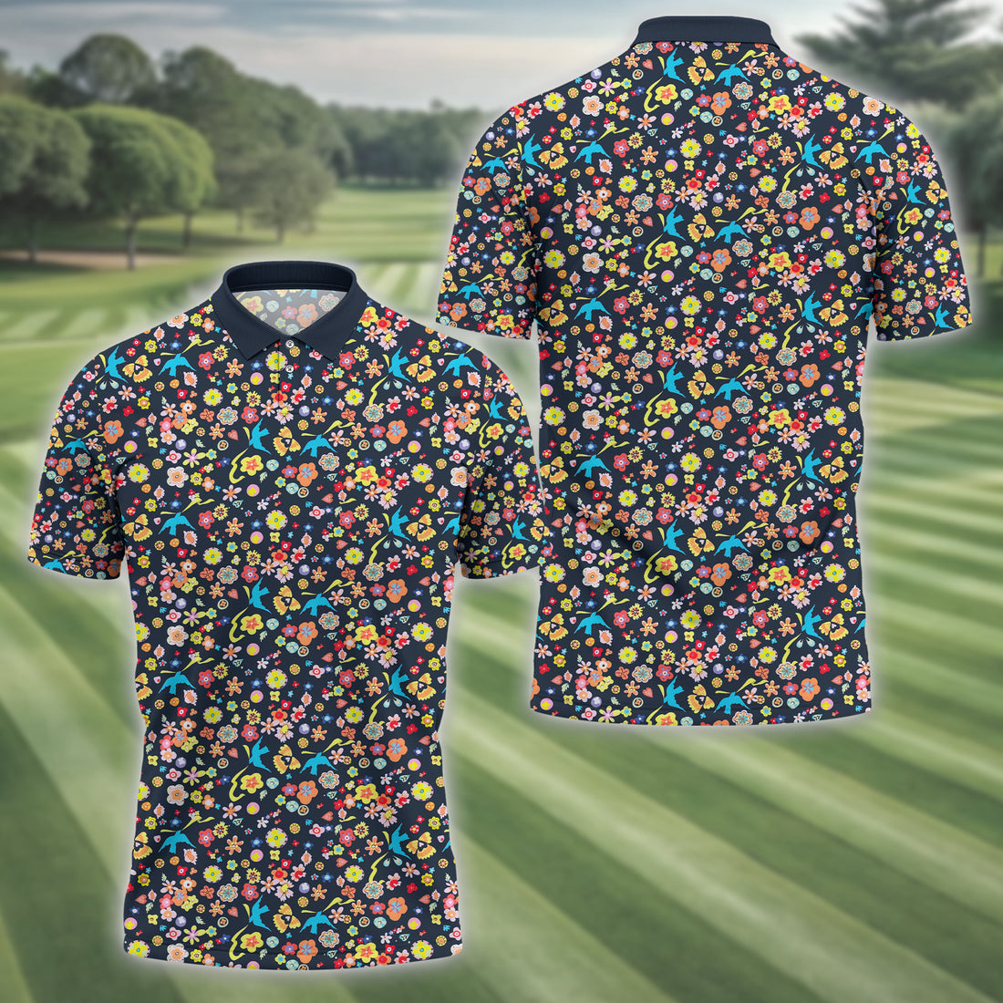 Floral Swallows Men's Golf Polo Shirt, Golfing Apparel, Gift For Golfers