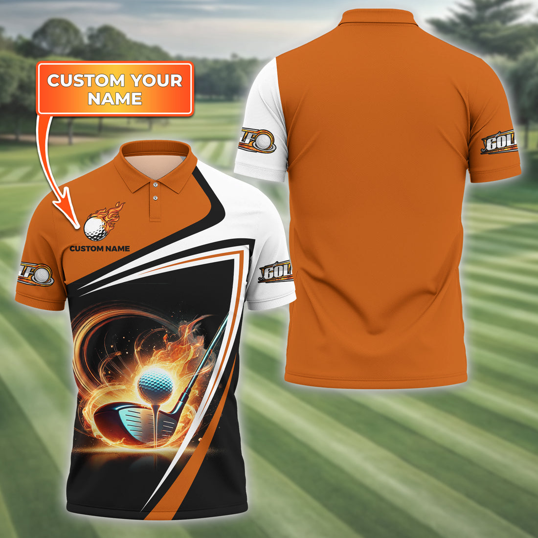 Golf Ball Fire Custom Name Men's Golf Polo Shirt, Golfing Apparel, Gift For Golfer