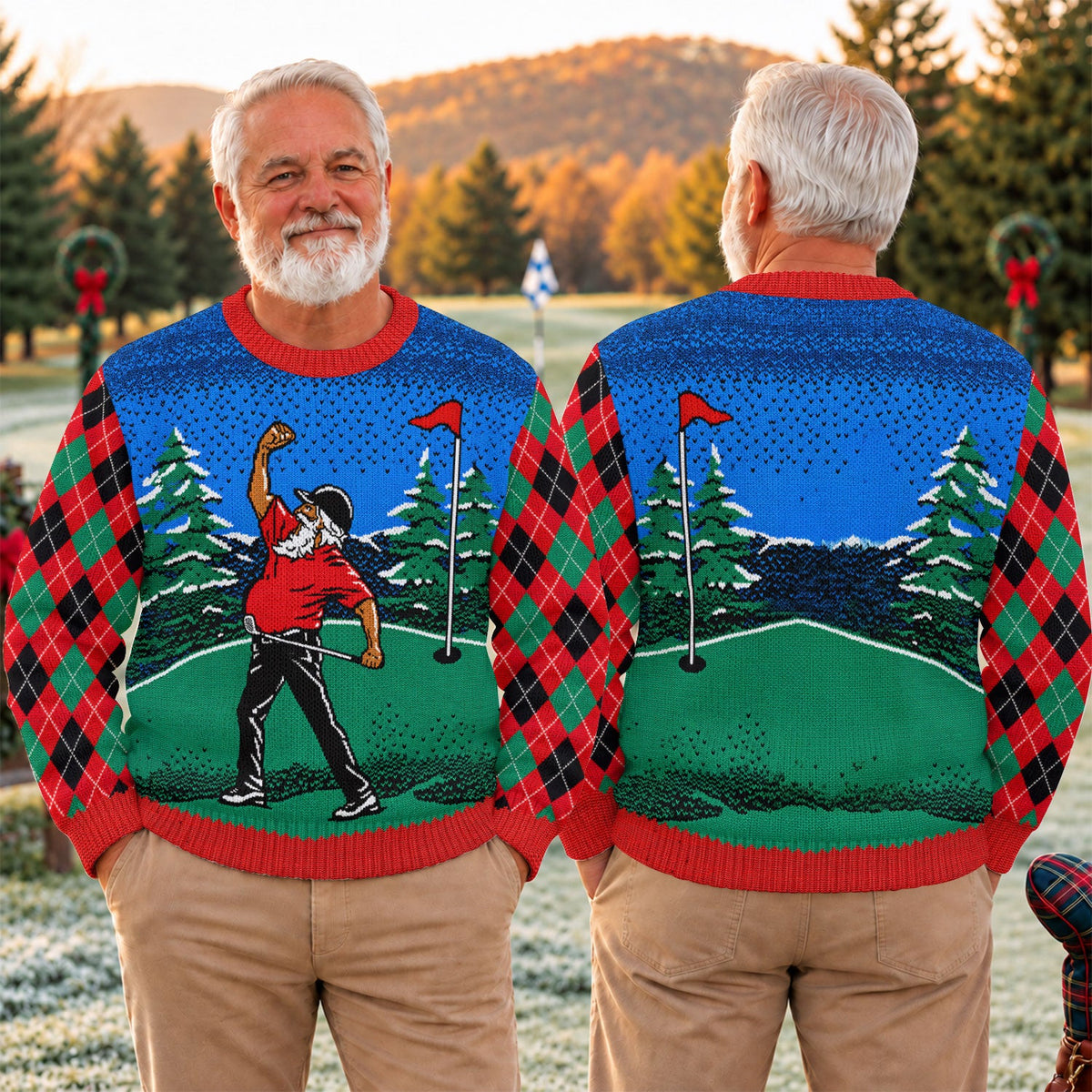 Christmas Golfer Red Plaid Ugly Sweater, Christmas Golf Gift, Funny Holiday Sweater