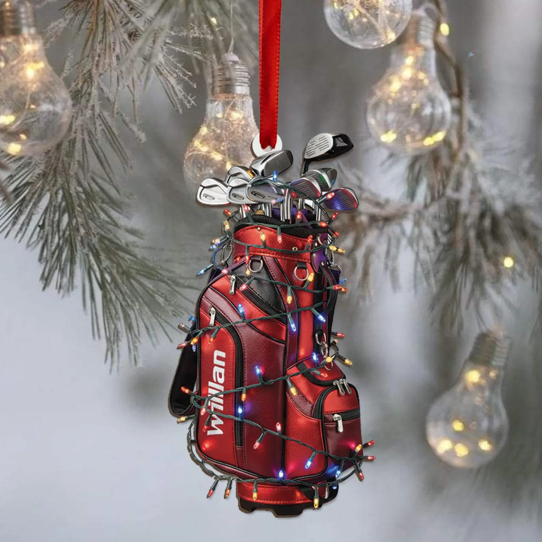 Custom Name Golf Backpack Lights Print Christmas Acrylic Ornament, Golf Lover Gift, Christmas Golf Gift
