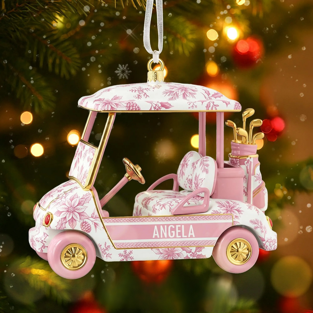Custom Name Toile de Jouy Mini Golf Cart Christmas Acrylic Ornament, Golf Lover Gift, Christmas Golf Gift