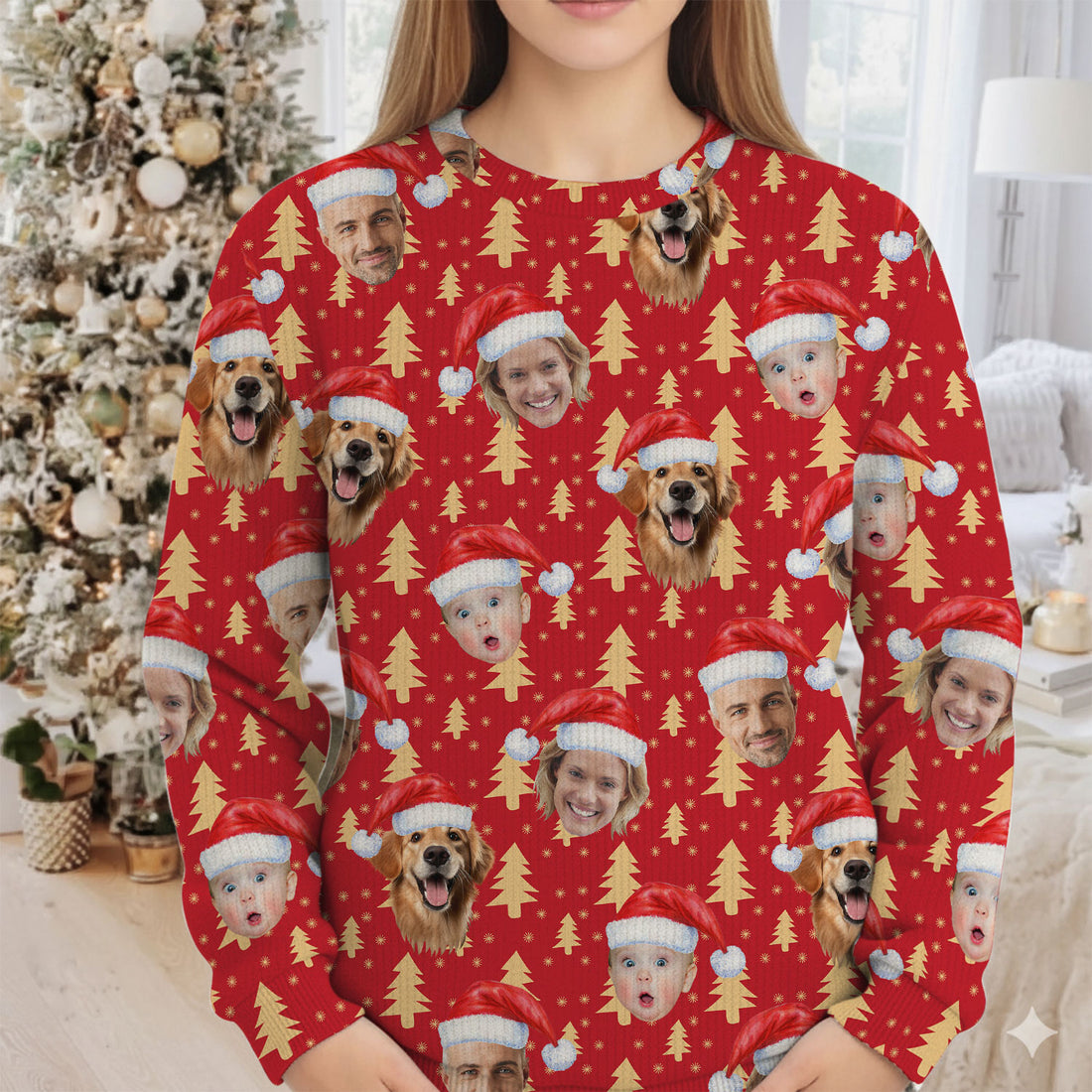 Custom Face Golden Pine Tree Red Golf Ugly Sweater, Christmas Golf Shirt, Golf Sweater, Christmas Golf Gift