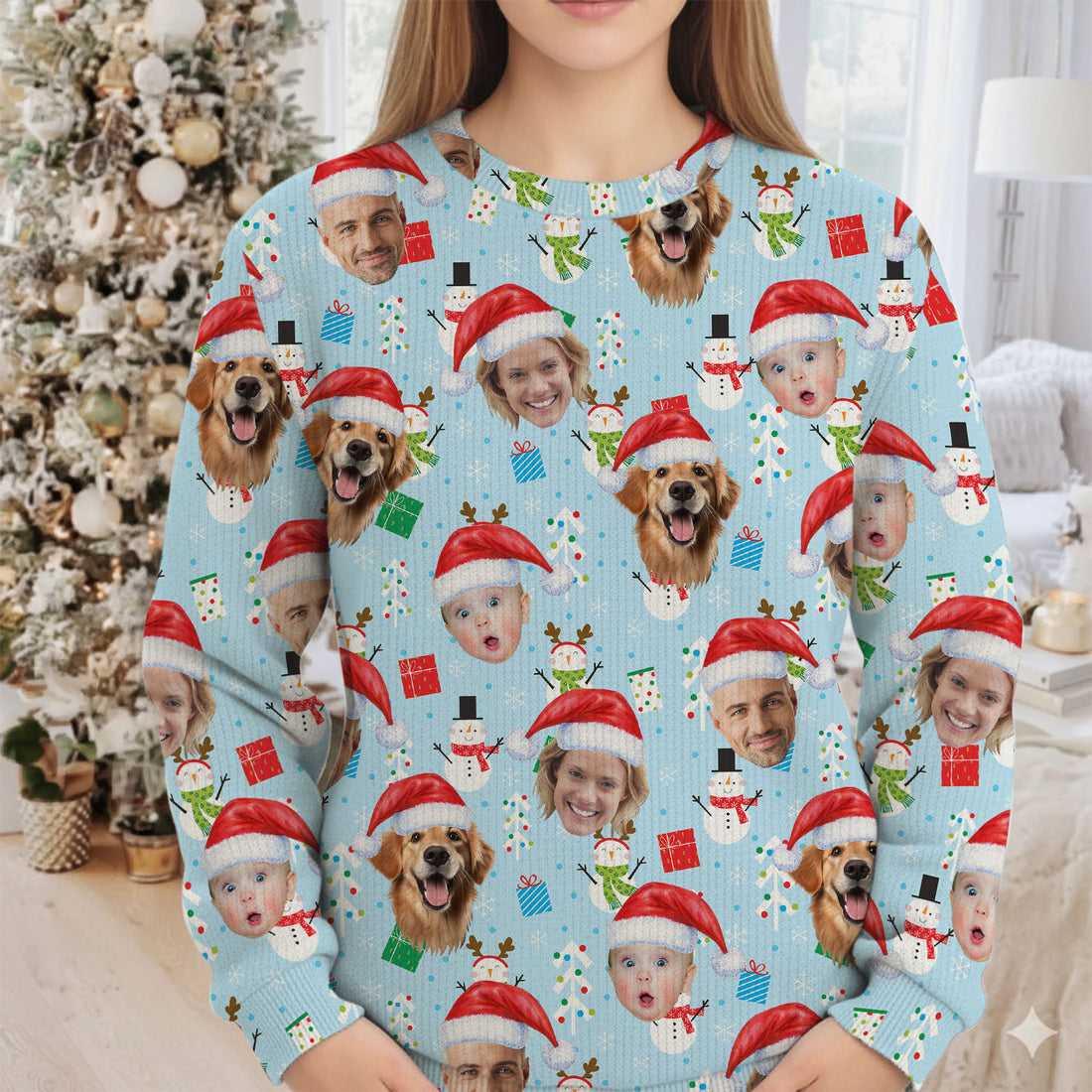 Custom Face Cute Snowman Pastel Blue Golf Ugly Sweater, Golf Ugly Christmas Sweater, Christmas Golf Shirt