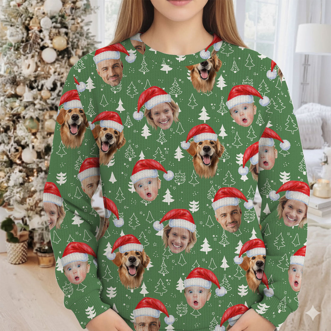 Custom Face Xmas Pine Tree Green Golf Ugly Sweater, Christmas Golf Shirt, Golf Sweater, Christmas Golf Gift