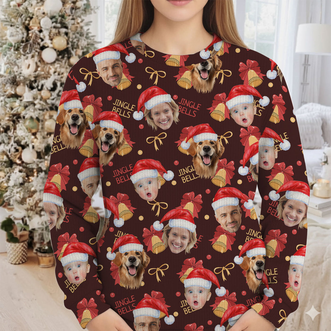Custom Face Christmas Jingle Bells Brown Golf Ugly Sweater, Christmas Golf Shirt, Golf Sweater