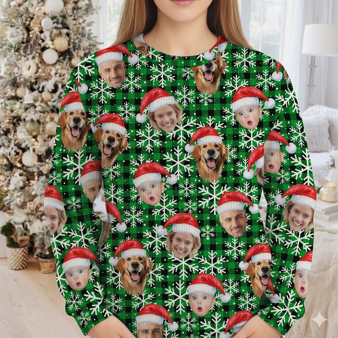 Custom Face Green And Black Checkered Golf Ugly Sweater, Christmas Golf Shirt, Golf Sweater, Christmas Golf Gift