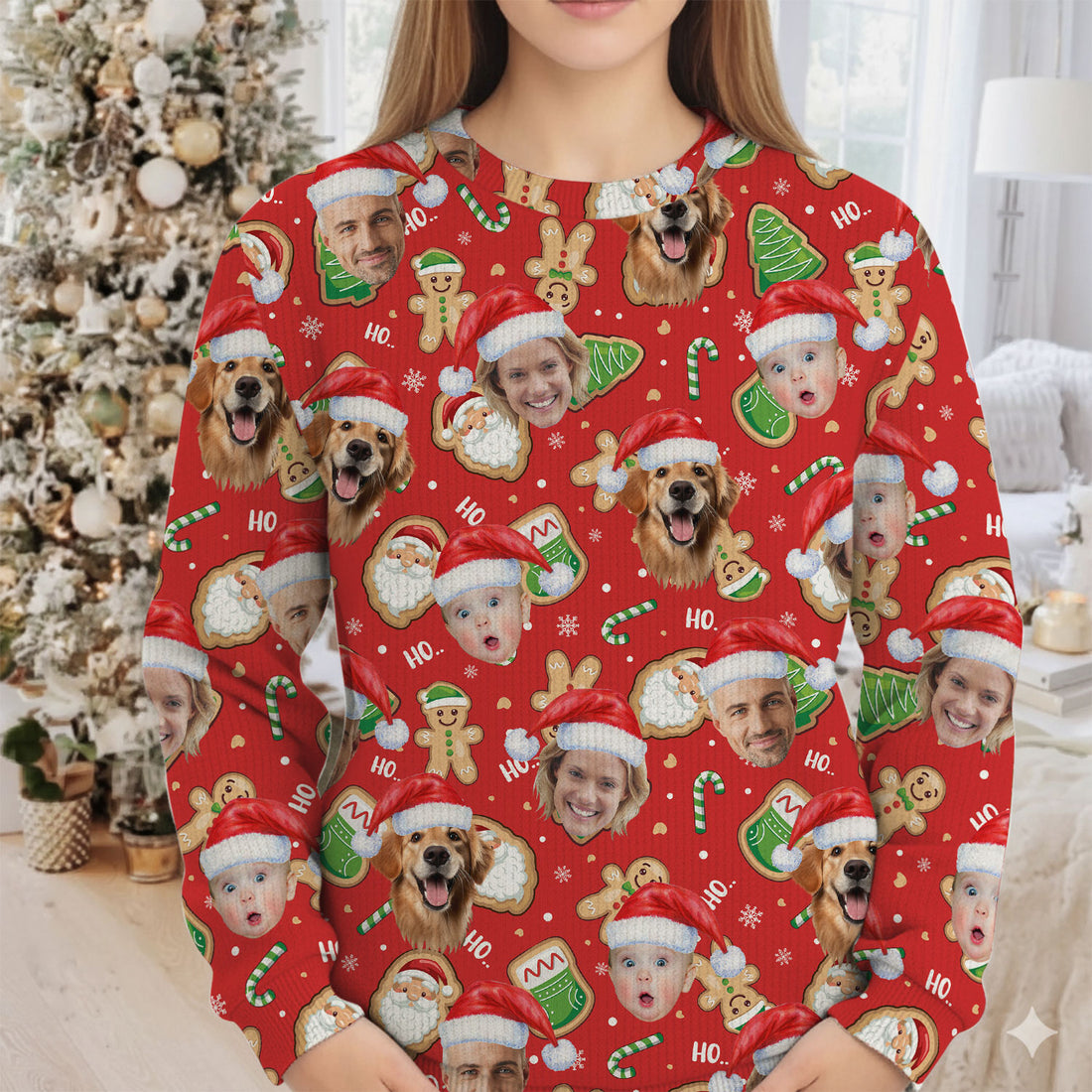 Custom Face Ho... Gingerbread Pattern Red Golf Ugly Sweater, Golf Ugly Christmas Sweater, Christmas Golf Shirt