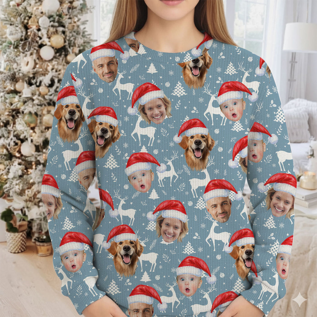 Custom Face Reindeer Pattern Ice Blue Golf Ugly Sweater, Golf Ugly Christmas Sweater, Christmas Golf Shirt