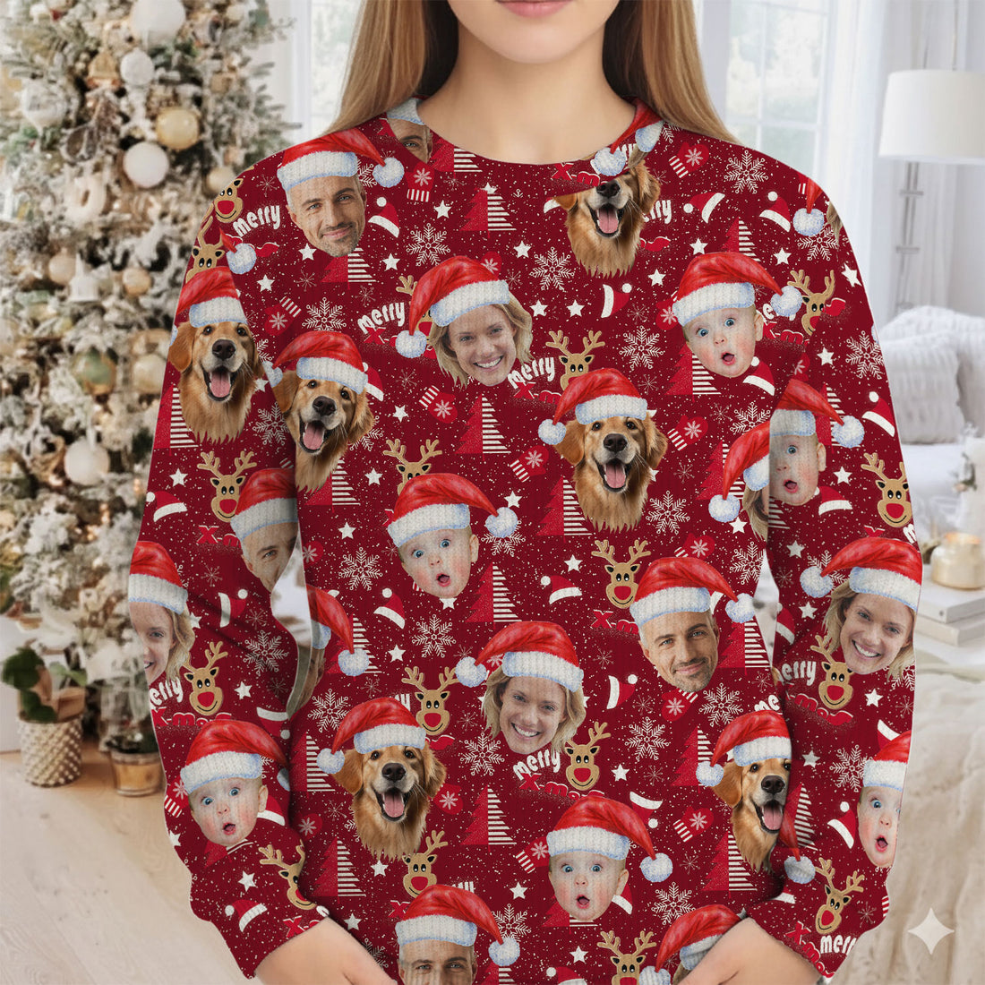 Custom Face Red Nose Reindeer Merry Xmas Red Golf Ugly Sweater, Golf Ugly Christmas Sweater, Christmas Golf Shirt