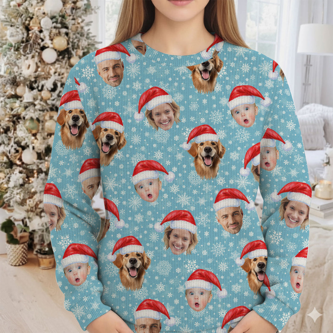Custom Face Snowflakes Print Ice Blue Golf Ugly Sweater, Christmas Golf Shirt, Golf Sweater, Christmas Golf Gift