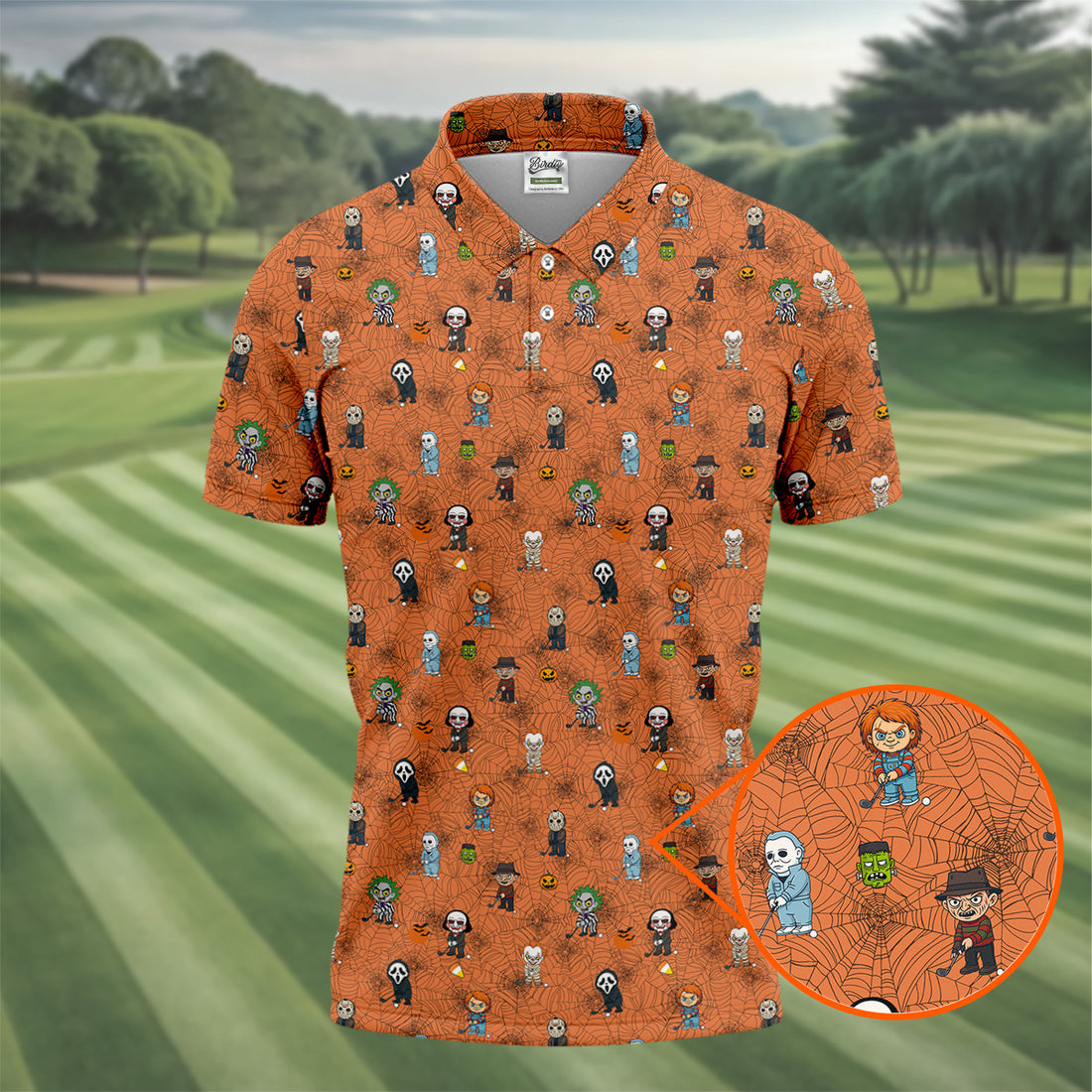 Funny Horror Character Orange Golf Polo Shirt, Horror Movie Shirt, Halloween Golf Shirt, Fun Golf Polos For Men