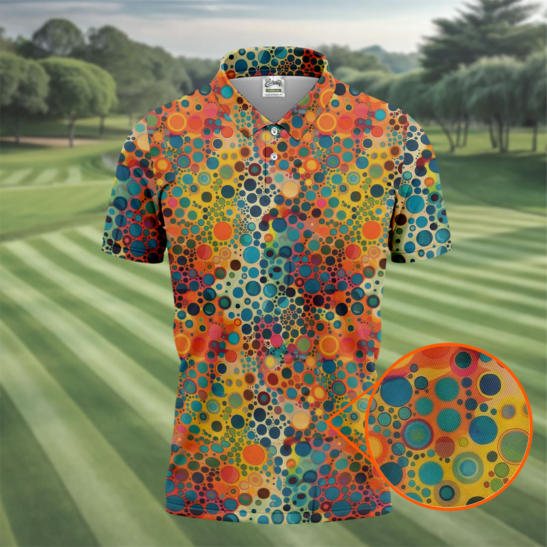 Vibrant Overlapping Dot and Circle Design Hawaiian Golf Polo, Golf Tops For Men, Golfing Apparel