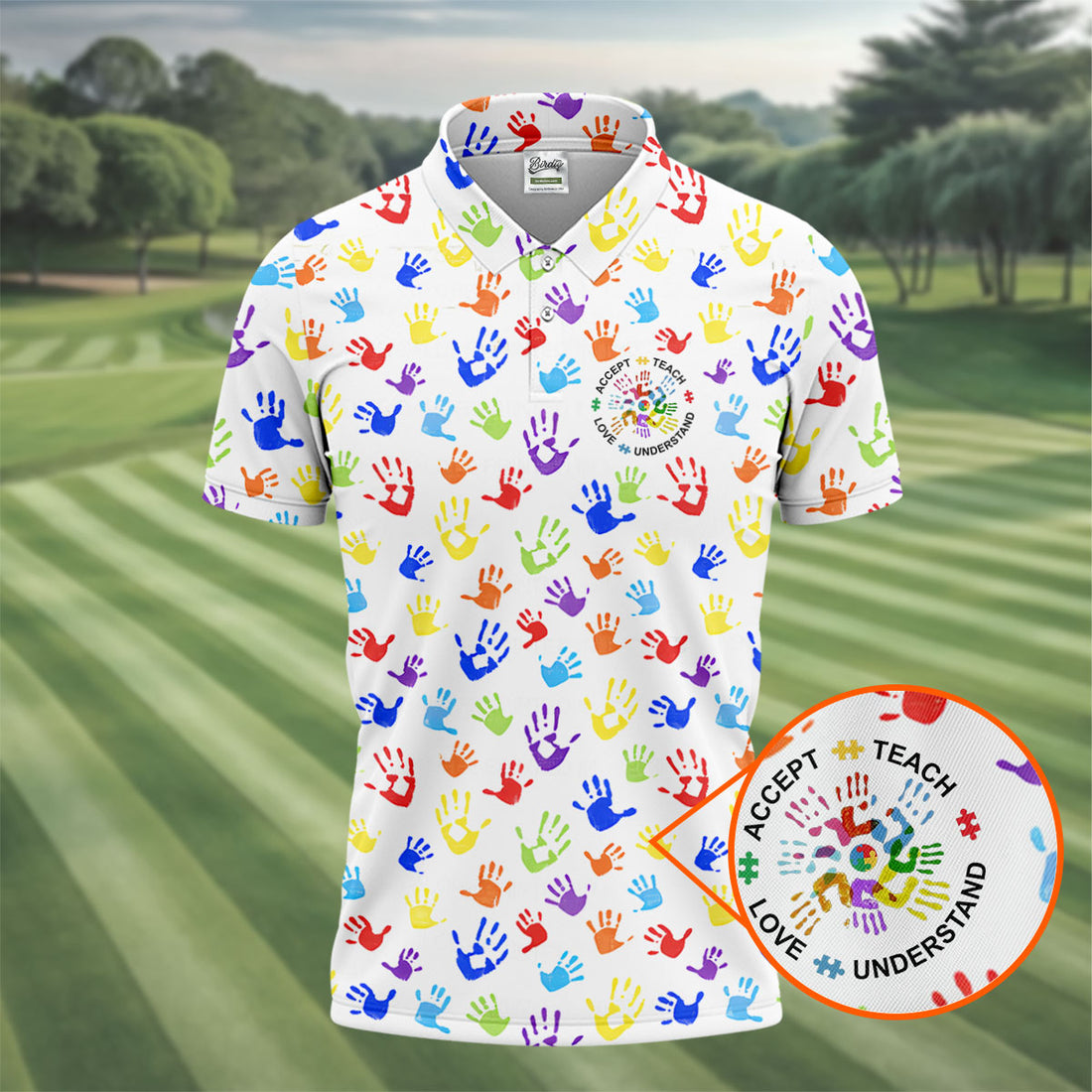Accept Teach Understand Love Autism Awareness Colorful Handprint White Golf Shirt, Golf Shirts For Men