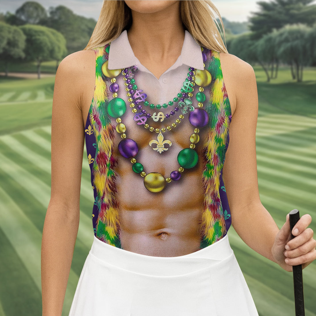 Green Purple Gold Fleur De Lis Symbol Fun Suit Mardi Gras Print Golf Shirt, Fun Women's Golf Shirts, Ladies Golf Polos