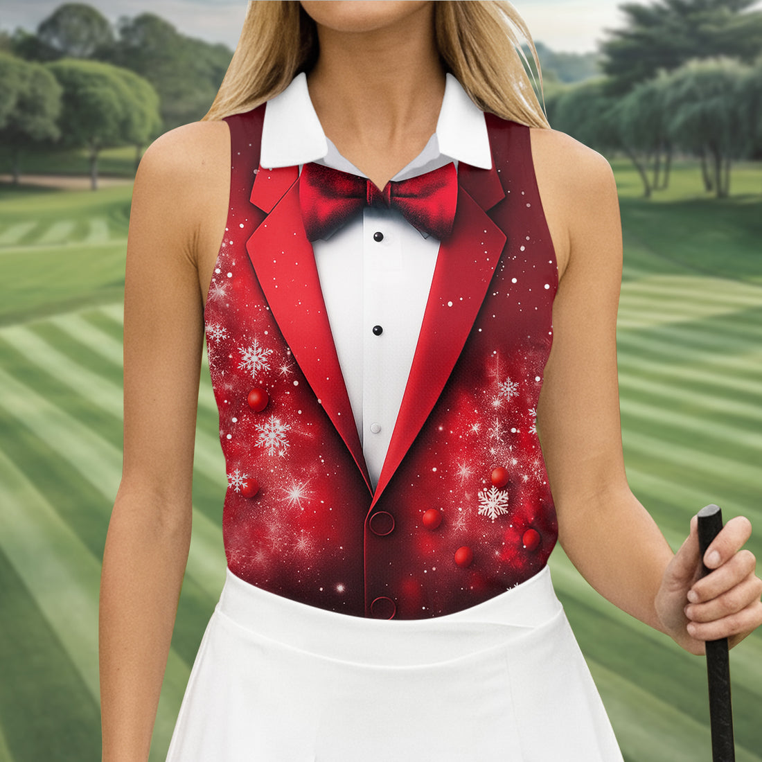 Black And Red Christmas Glitter Print Women Golf Top, Christmas Golf Shirt, Ladies Golf Tops