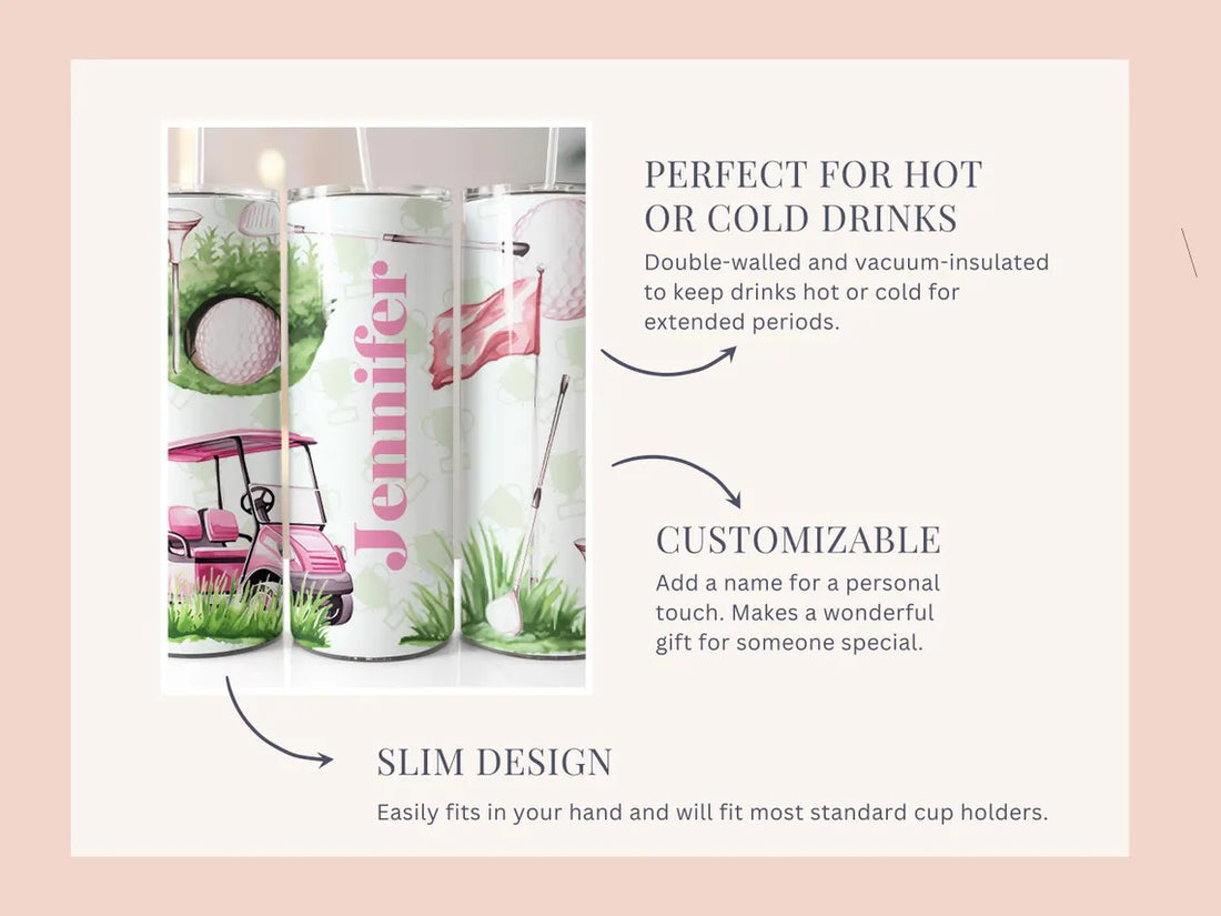 Custom Name 20oz Skinny Tumbler, Golf Gifts For Women, Women's Stainless Steel Travel Mug