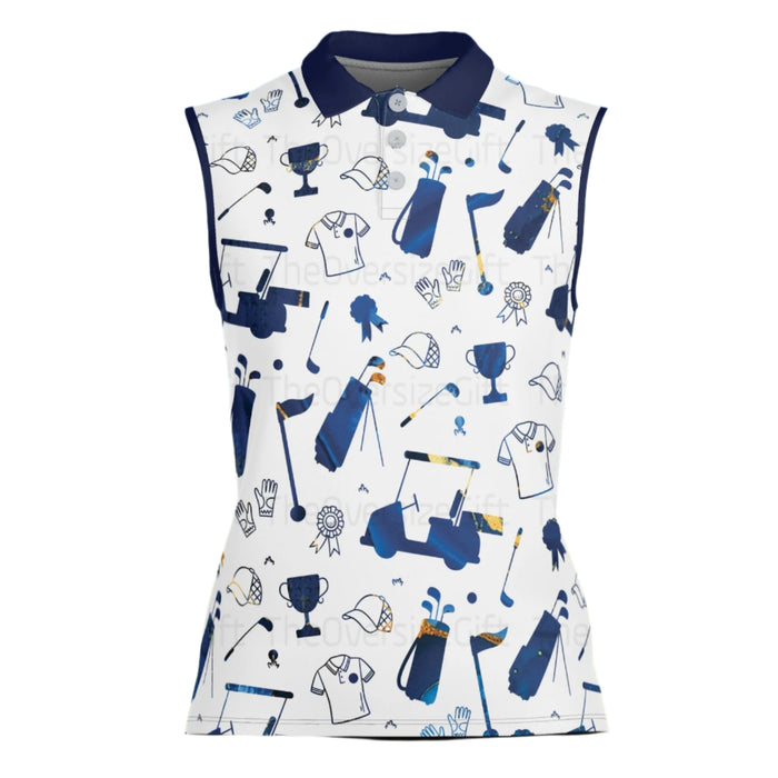 Women's White And Blue Patterned Golf Polos, Womens Sleeveless Golf Shirts, Cute Womens Golf Clothes