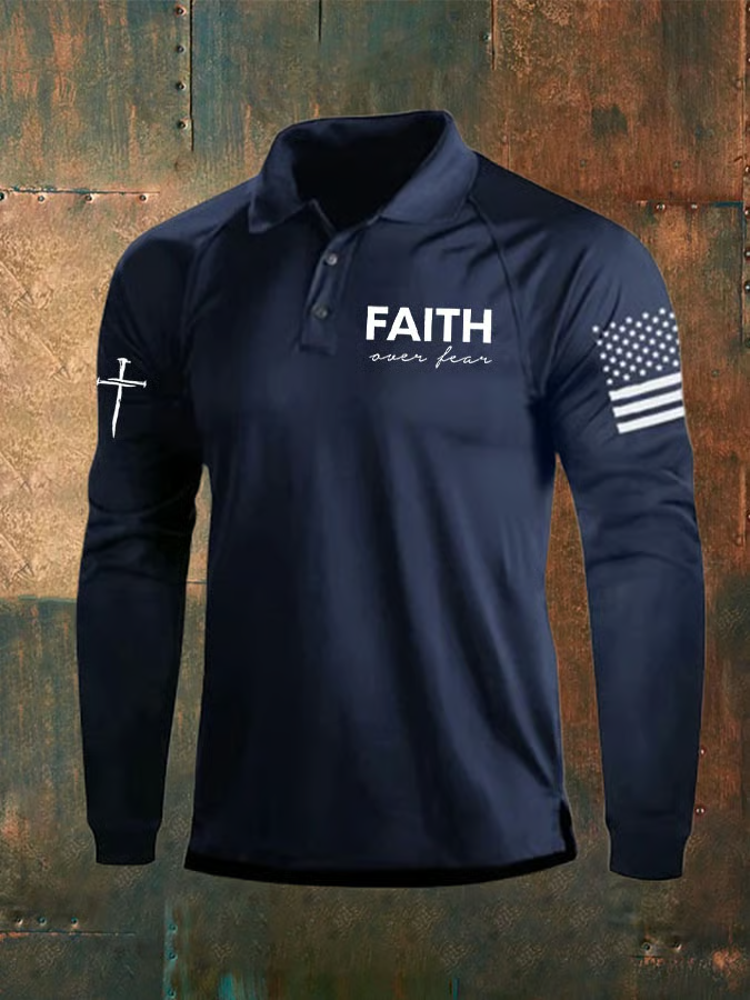 Faith Over Fear Vintage American Flag Polo Shirts For Men, Patriotic Golf Shirts, Long Sleeve Polo Shirt