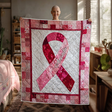 Personalized Breast Cancer Ribbon Quilt Blanket, Custom Woven Blanket