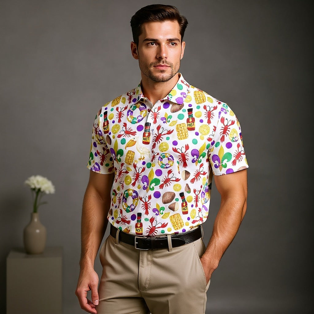 Fleur De Lis Flower White Pelican Lobster Hot Sauce Mardi Gras Golf Shirt, Golf Tops For Men, Polo Shirts For Men
