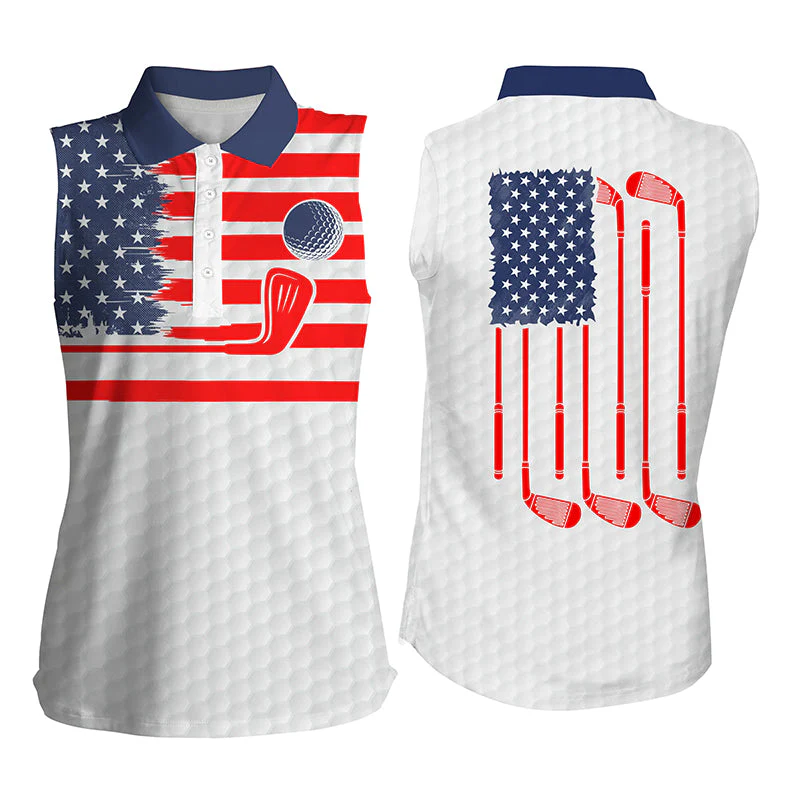 Custom Name American Flag Patriotic White Polo Shirt, Golf Shirt For Women, Ladies Golf Polos