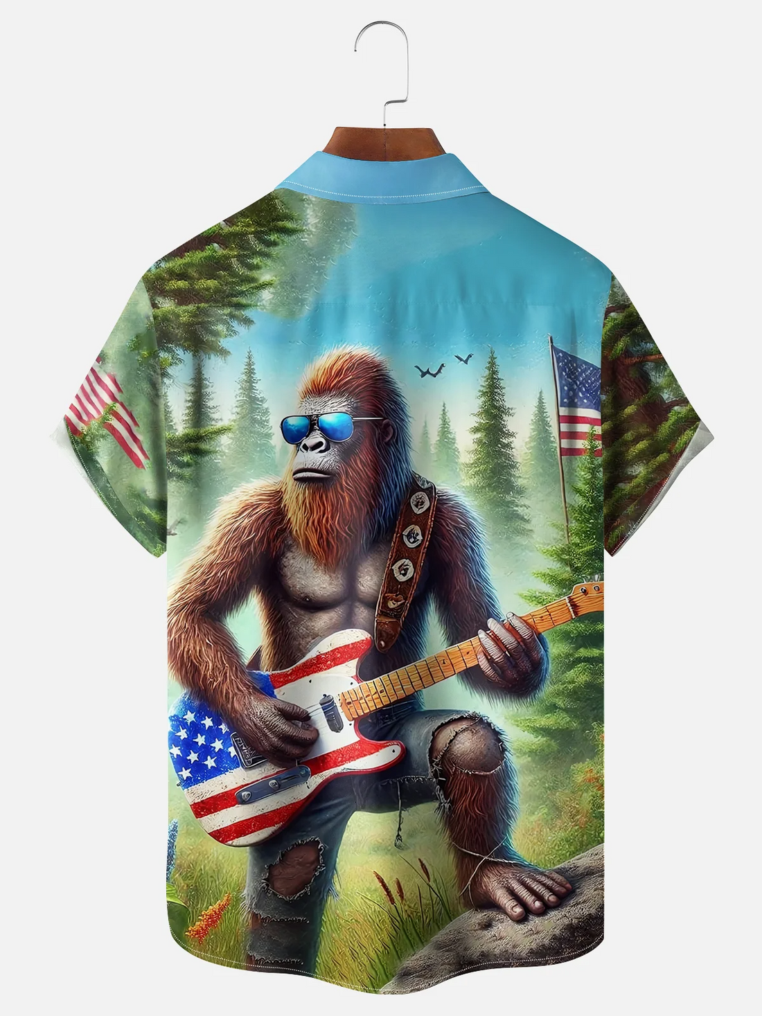 American Flag Patriot Bigfoot Guitar Rock Hawaiian Golf Shirt, 250th Anniversary Tropical Vibe Men's Golf Shirt