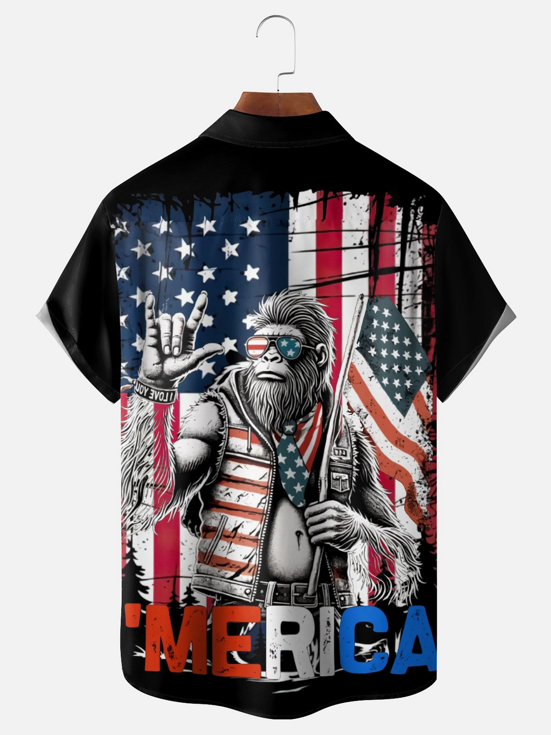 American Flag Bigfoot Patriot Black Hawaiian Golf Shirt, 250th Anniversary Tropical Vibe Men's Golf Shirt