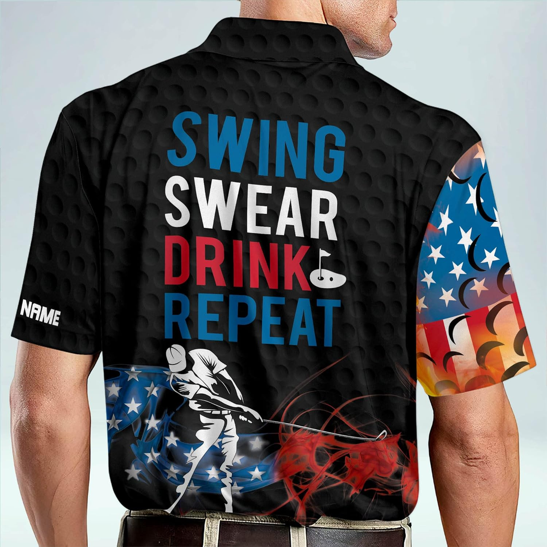 Swing Swear Drink Repeat American Flag Custom Name Golf Polo Shirts, Golf Gift For Men, Golfing Apparel