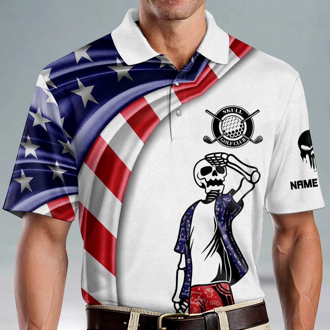 Custom Name Patriotic American Flag Skull Crazy Golf Polo Shirts, Golf Gift For Men, Golfing Apparel