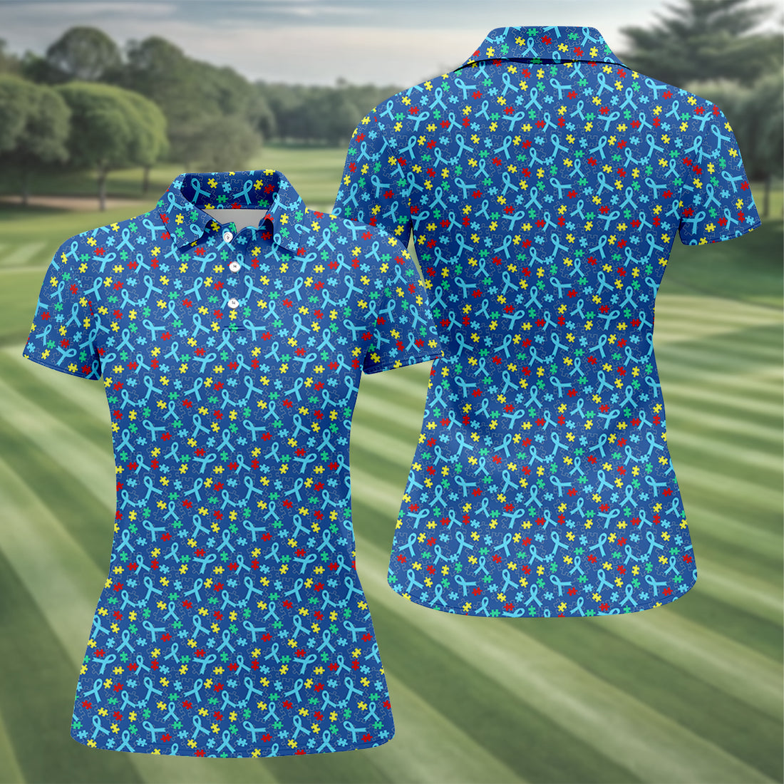 Autism Awareness Ribbon And Colorful Puzzles Blue Golf Shirt, Women's Golf Tops, Ladies Golf Shirts