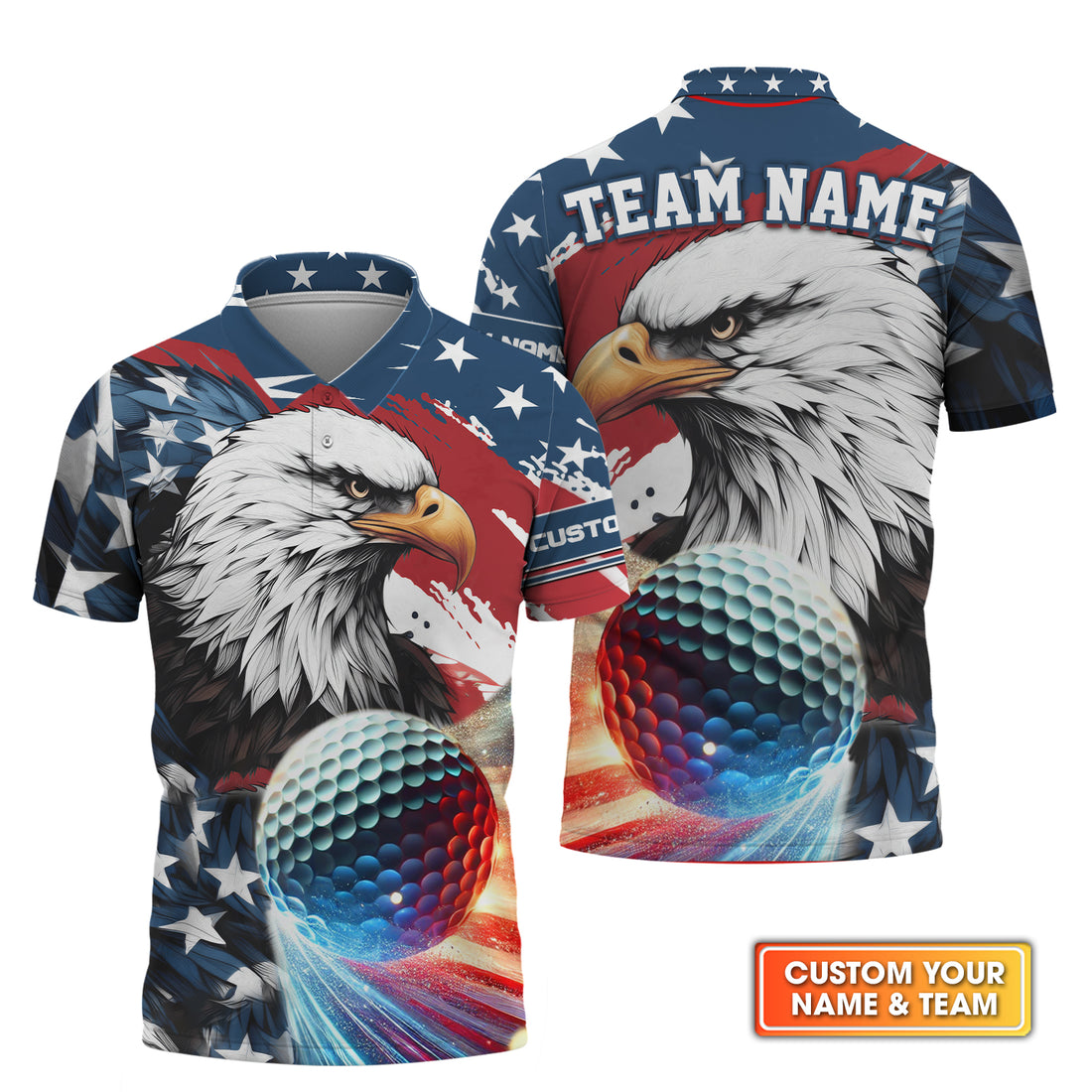 American Eagle Custom Golf Polo Shirt, US Patriotic Pride Men's Golf Polo Shirt, Patriotic Golf Shirt, USA Golf Shirt