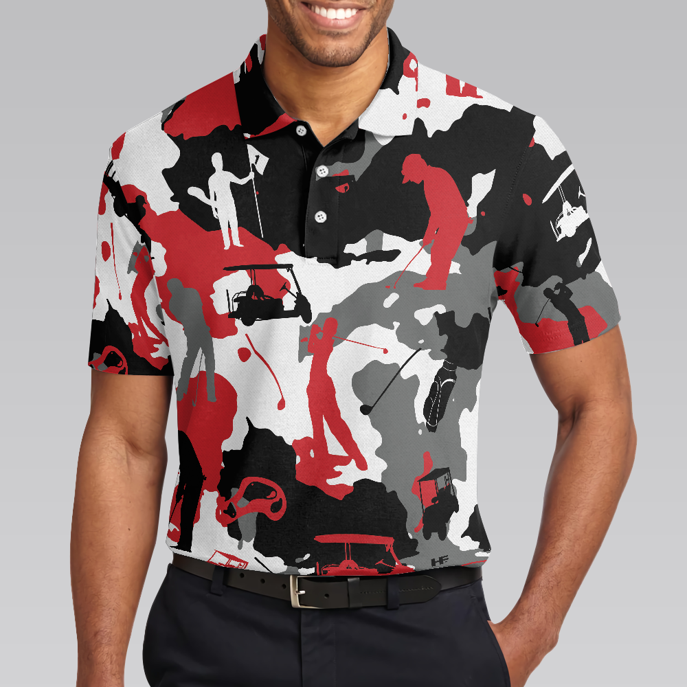 Red Black And White Camouflage Golf Polo Shirt, Golfing Apparel, Golf Clothing, Mens Golf Gift