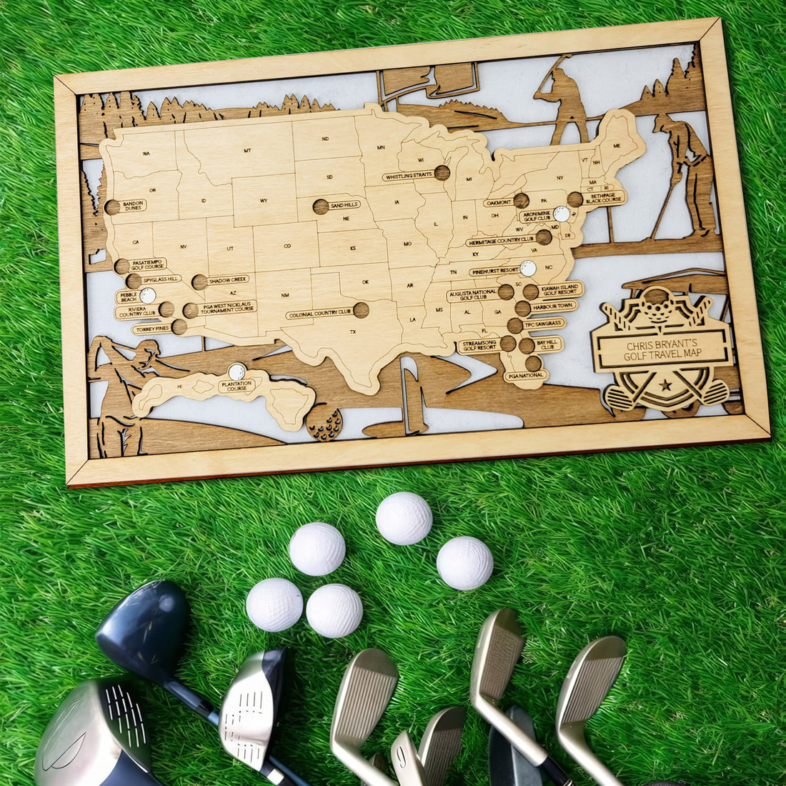 Golf Course Wooden Travel Maps, Golf Map USA With Pin, Gift For Golfer
